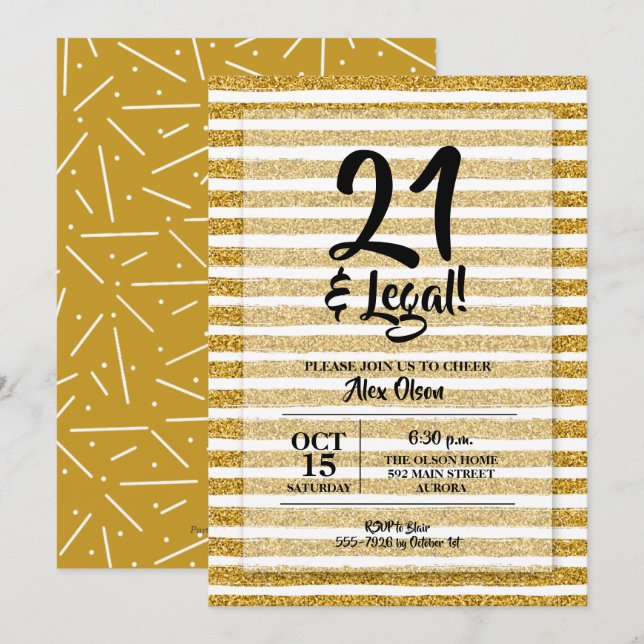 Invitation 21 et Légal Gold Stripes Anniversaire (Devant / Derrière)