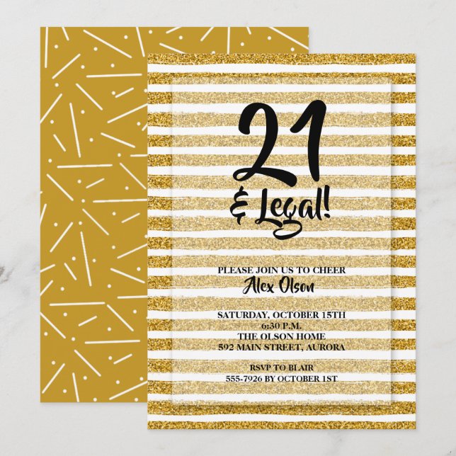 Invitation 21 et Légal Parties scintillant Or grève Anniversa (Devant / Derrière)