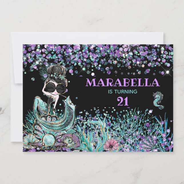 Invitation *~* 21 Mermaid GLAM LUXE Sous la mer Anniversaire (Devant)