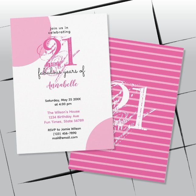 Invitation 21e anniversaire 21 ans fabuleux typographie ROSE (Front and Back Display of Invitation)