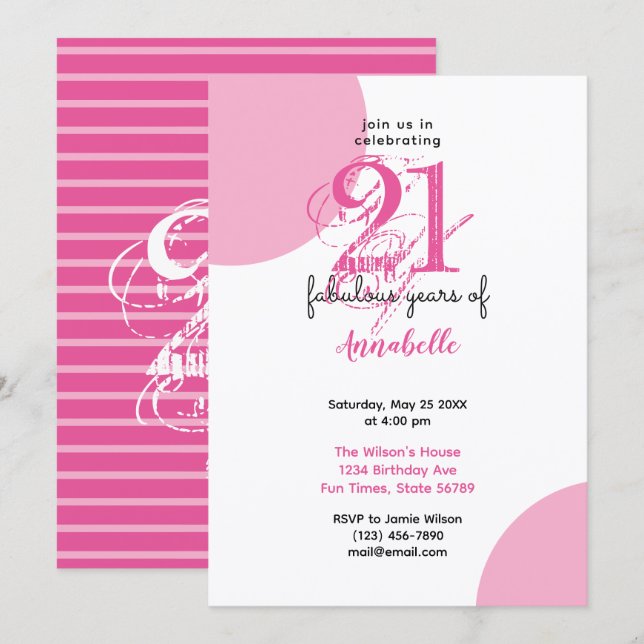 Invitation 21e anniversaire 21 ans fabuleux typographie ROSE (Devant / Derrière)