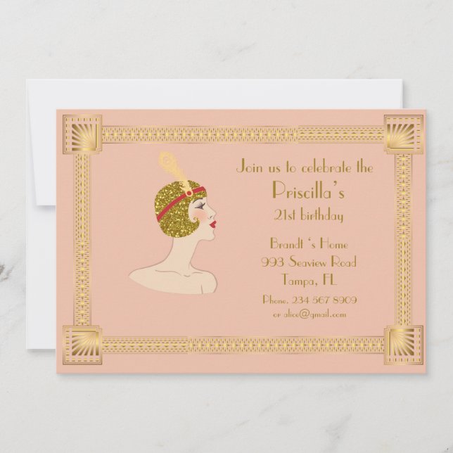 Invitation 21e, Anniversaire 21e, Style Gatsby, pêche rose &  (Devant)