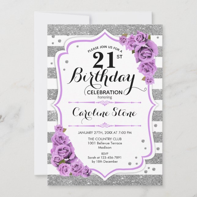 Invitation 21e anniversaire - Argent Blanc Stripes Violet Ros (Devant)