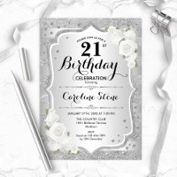 21e anniversaire - Argent rayures Roses blanches
