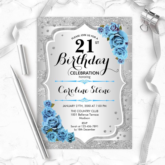 Invitation 21e anniversaire - Argent Stripes Icy Blue Roses (Créateur téléchargé)