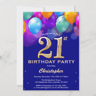 Invitation 21e Anniversaire Ballons bleu et or couleur marine