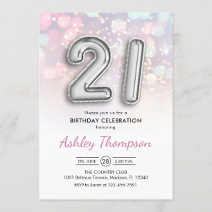 Invitation 21e anniversaire - Ballons d'argent Lumières rose