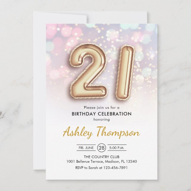 Invitation 21e anniversaire - Ballons d'or Lumières roses (Devant)