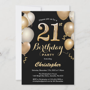 Invitation 21e anniversaire Ballons Noir et Or Confetti