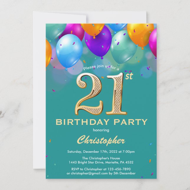 Invitation 21e anniversaire Ballons Turquoises et dorés (Devant)