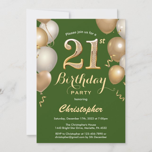 Invitation 21e anniversaire Ballons verts et or Confetti (Devant)
