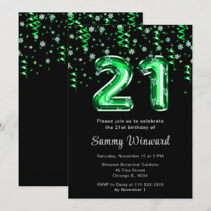 Invitation 21e anniversaire Ballons verts Flocon de neige Con