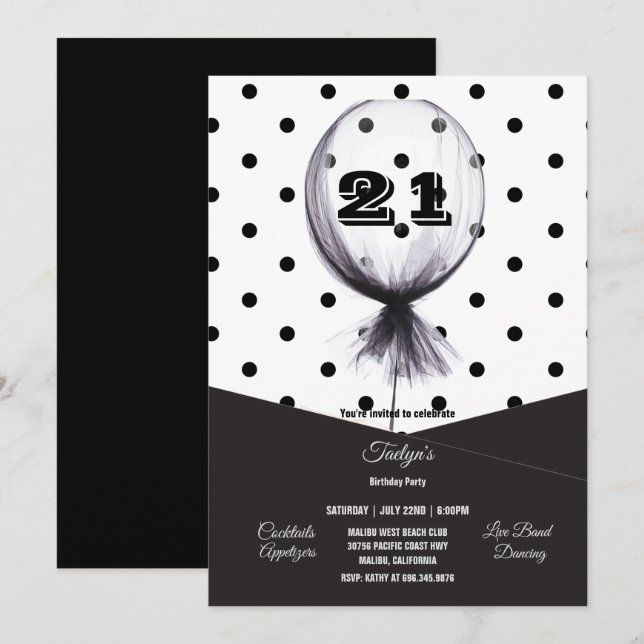 Invitation 21e Anniversaire Black Pois Balloon Invit (Devant / Derrière)