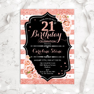 Invitation 21e anniversaire Black Rose Gold et White Stripes