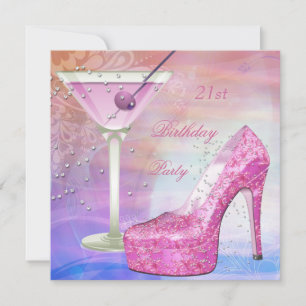 Invitation 21e Anniversaire Blanc Rose Bleu Martini Chaussure