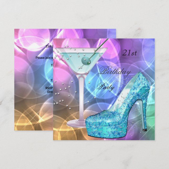 Invitation 21e Anniversaire Blanc rose Turquoise Martini Chau (Devant / Derrière)