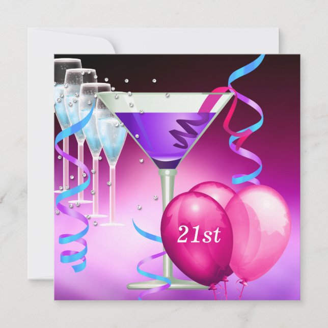 Invitation 21e Anniversaire Blanc rose violet Martini Ballons (Devant)