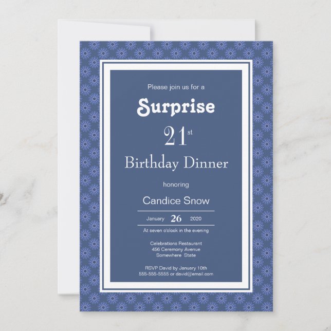 Invitation 21e Anniversaire Bleu Blanc Motif Surprise Dîner (Devant)