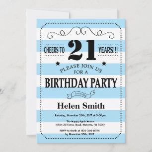 Invitation 21e anniversaire Bleu et blanc rayures