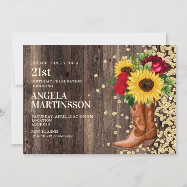 Invitation 21e anniversaire Bottes en bois rustique tournesol (Devant)