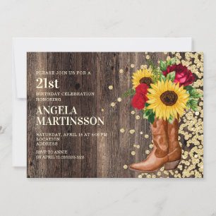 Invitation 21e anniversaire Bottes en bois rustique tournesol