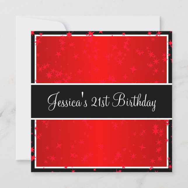 Invitation 21e Anniversaire Bright Red Stars Black & White (Devant)