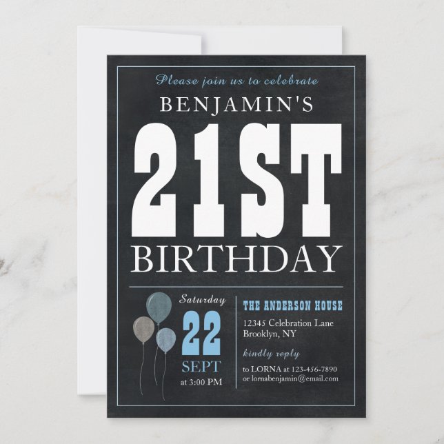 Invitation 21e Anniversaire Chalkboard Blue Balloon Rustic Ch (Devant)