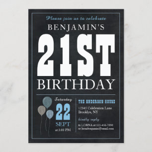 Invitation 21e Anniversaire Chalkboard Blue Balloon Rustic Ch