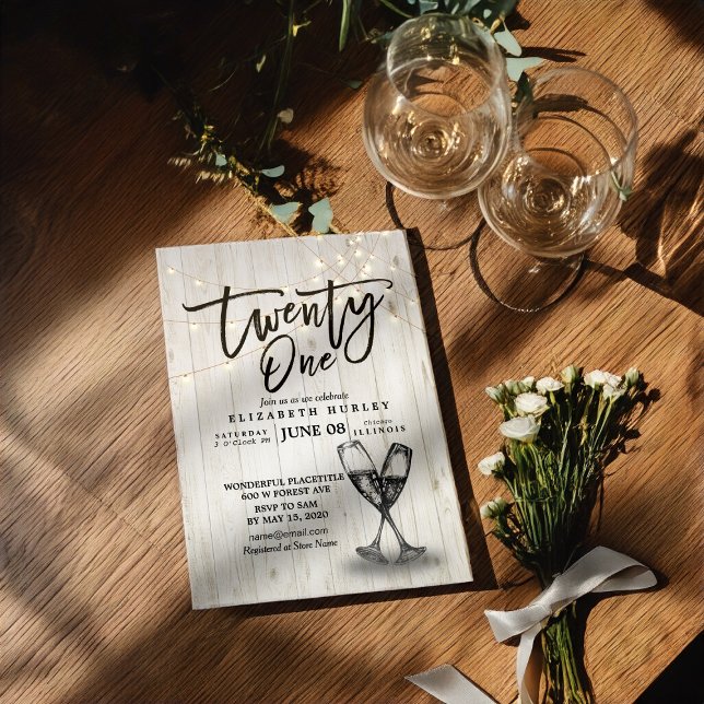 Invitation 21e Anniversaire Champagne Lunettes de bois Lumièr (Créateur téléchargé)