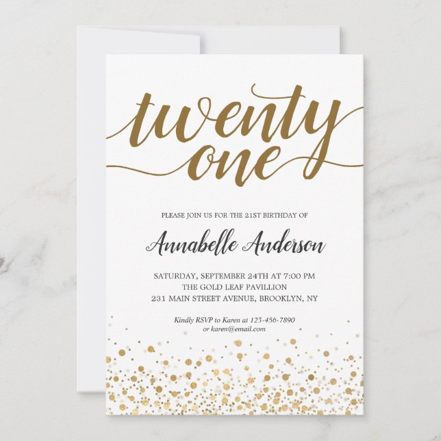 Invitation 21e Anniversaire Confetti d'or moderne Script (Devant)