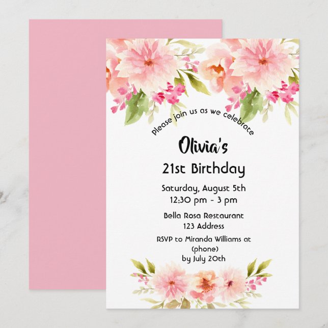 Invitation 21e anniversaire corail dahlia fleurs rose pastel (Devant / Derrière)