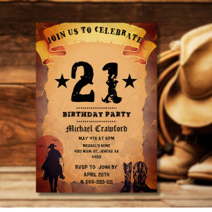 Invitation 21e anniversaire cowboy vieux papier cheval cheval