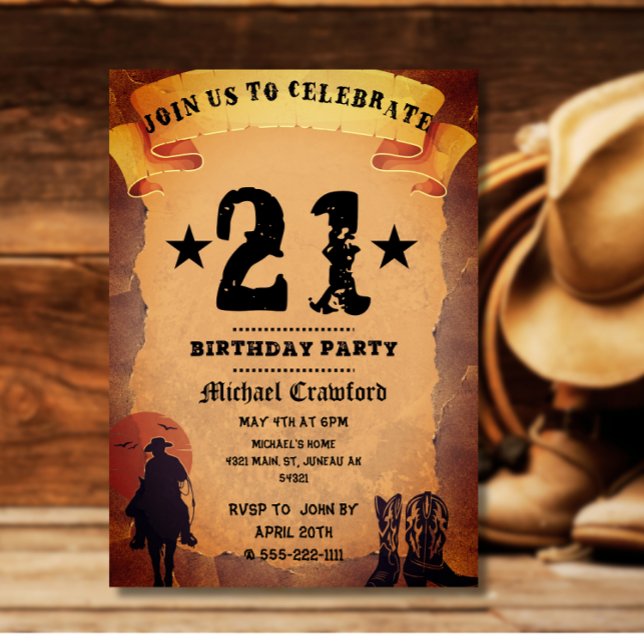 Invitation 21e anniversaire cowboy vieux papier cheval cheval (Créateur téléchargé)