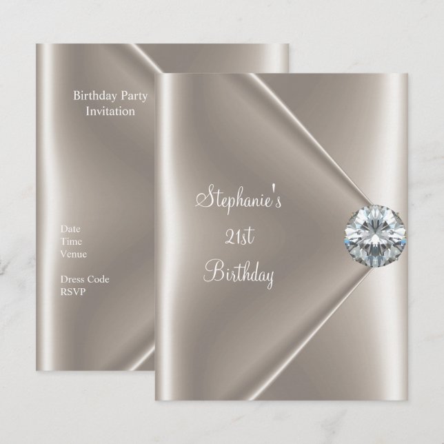 Invitation 21e anniversaire Crème beige Bijou diamant 2 (Devant / Derrière)
