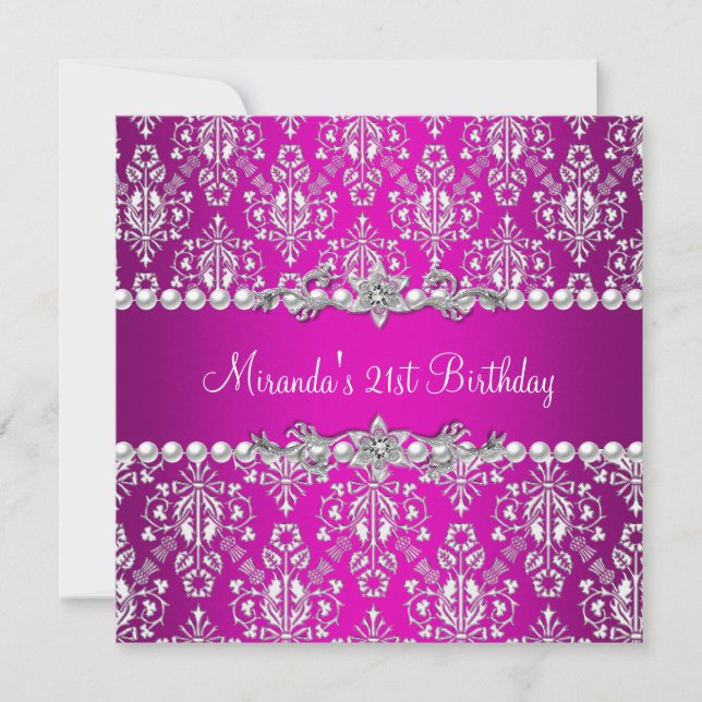 Invitation 21e Anniversaire de fête Hot rose blanc Pearl Lace (Devant)
