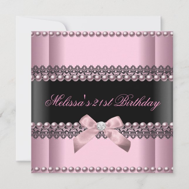 Invitation 21e Anniversaire de fête Pink Black Lace Pearl (Devant)