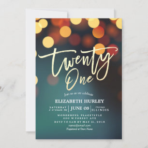 Invitation 21e Anniversaire de fête Turquoise or Bokeh String