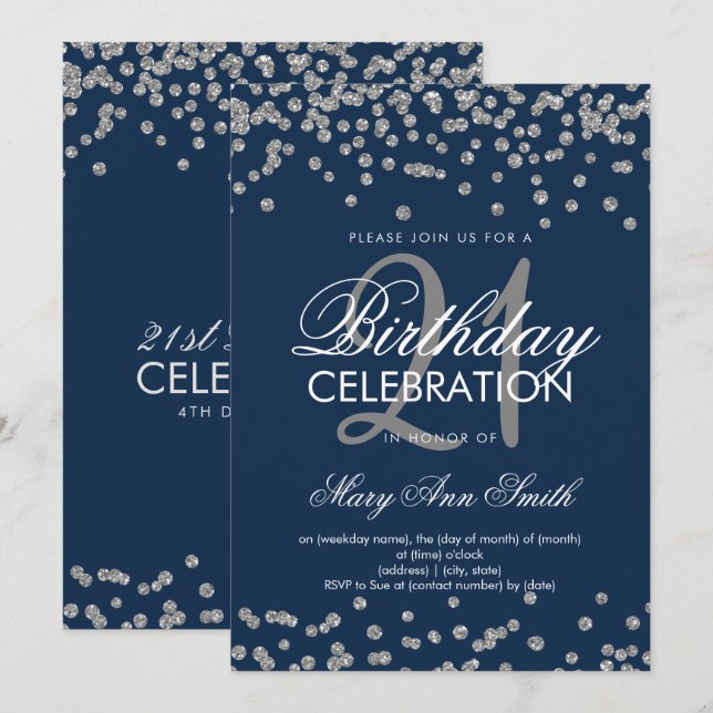 Invitation 21e anniversaire de la Parties scintillant bleue d (Devant / Derrière)