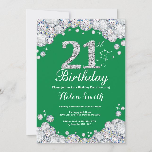 Invitation 21e anniversaire Diamant vert et argent (Devant)