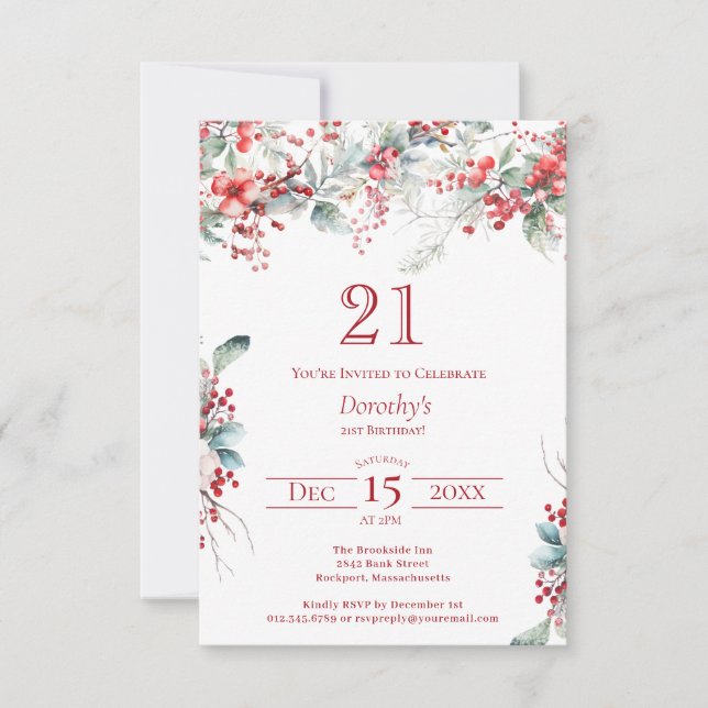 Invitation 21e anniversaire Elégant Berry d'hiver Botanique (Devant)
