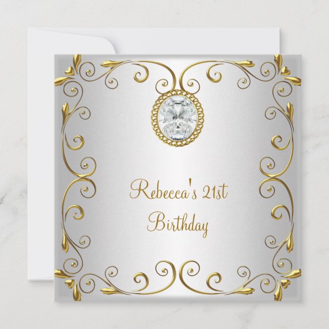 Invitation 21e anniversaire Elegant Blanc Diamant Or Bijou (Devant)