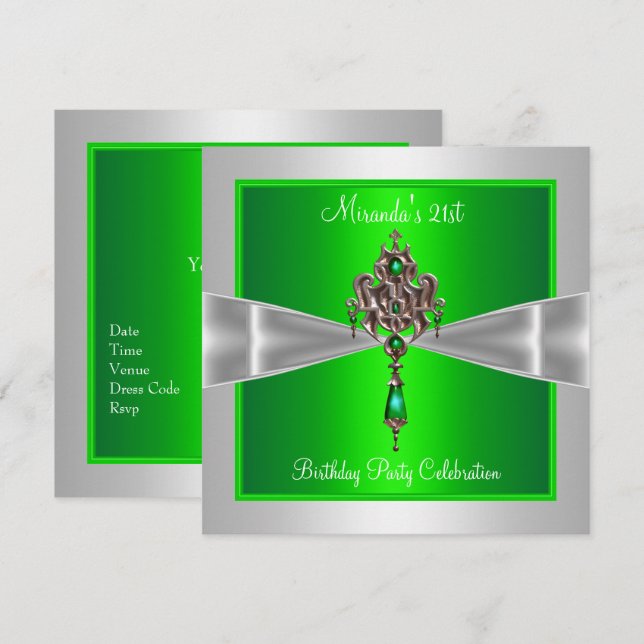Invitation 21e anniversaire Elegant Lime Green Argent Blanc B (Devant / Derrière)