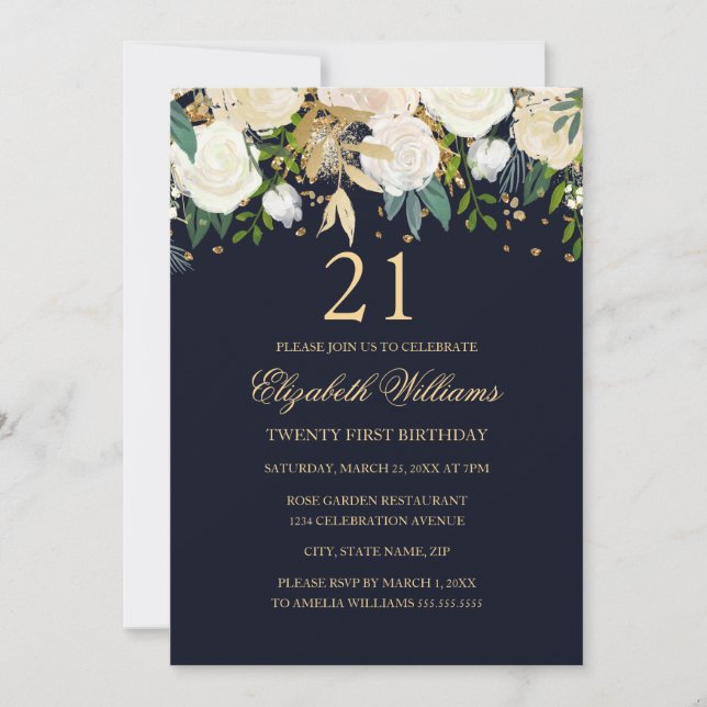 Invitation 21e anniversaire Elegant Navy Gold Floral Invitati (Devant)