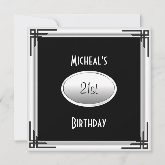 Invitation 21e anniversaire Elégant noir blanc argent Mens (Devant)
