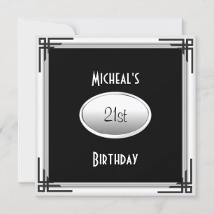 Invitation 21e anniversaire Elégant noir blanc argent Mens