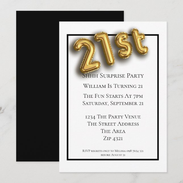 Invitation 21e anniversaire Faux 3d Gold Balloon Police (Devant / Derrière)