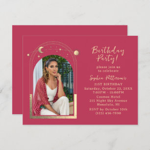 Invitation 21e Anniversaire Fête Céleste Photo Magenta Gold