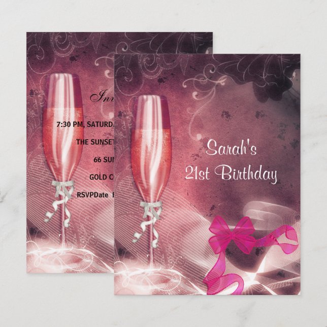 Invitation 21e Anniversaire Fête Champagne Rose Bow en verre (Devant / Derrière)