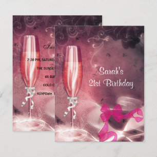 Invitation 21e Anniversaire Fête Champagne Rose Bow en verre