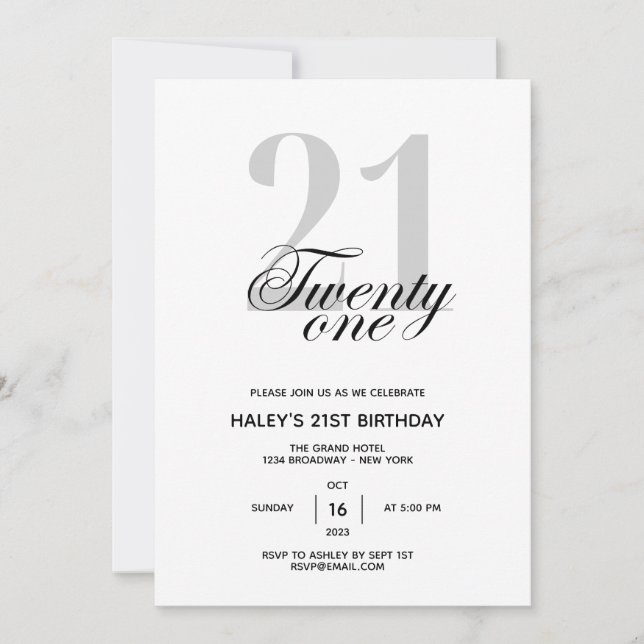 Invitation 21e Anniversaire Fête Chic Minimal (Devant)
